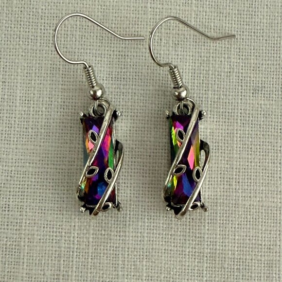 Multicolor Crystal Earrings Silver Plated Indie Festival Statement Boho Jewelry - Picture 7 of 9